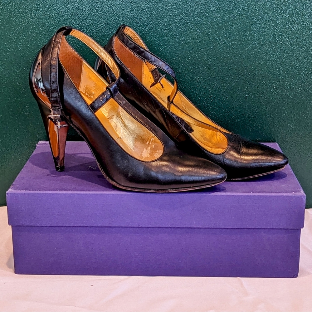 Black Leather T strap Metallic curved High heels